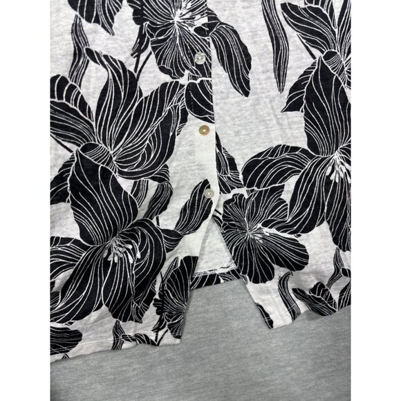 Tahari Womens Top M 100% Linen Black White Floral Button Back - Picture 4 of 5
